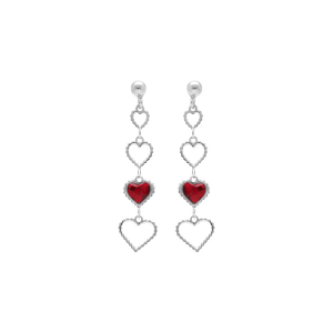 BOUCLES D'OREILLES TIGE ARGENT RHODIÉ PENDANTE COEURS AJOURÉS ET UN OXYDE ROUGE