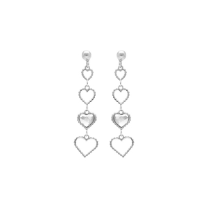 BOUCLES D'OREILLES TIGE ARGENT RHODIÉ PENDANTE COEURS AJOURÉS ET UN OXYDE BLANC