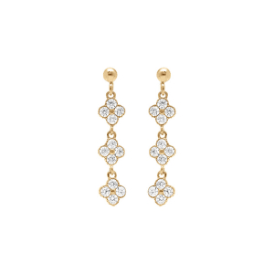 BOUCLES D'OREILLES TIGE ARGENT DORÉ PENDANTE MULTI FLEURS OXYDES BLANCS SERTIS