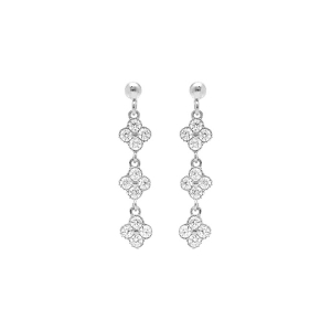 BOUCLES D'OREILLES TIGE ARGENT RHODIÉ PENDANTE MULTI FLEURS OXYDES BLANCS SERTIS