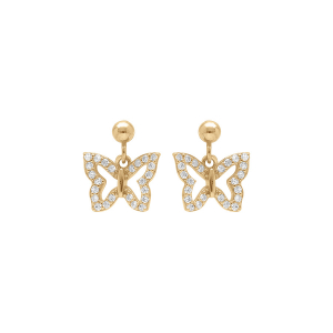BOUCLES D'OREILLES TIGE ARGENT DORÉ PENDANTE PAPILLONS OXYDES BLANCS SERTIS
