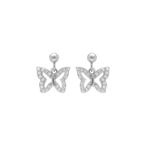 BOUCLES D'OREILLES TIGE ARGENT RHODIÉ PENDANTE PAPILLONS OXYDES BLANCS SERTIS