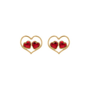 BOUCLES D'OREILLES TIGE ARGENT DORÉ COEUR AJOURÉ ET 2 OXYDES ROUGES