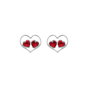 BOUCLES D'OREILLES TIGE ARGENT RHODIÉ COEUR AJOURÉ ET 2 OXYDES ROUGES