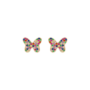 BOUCLES D'OREILLES TIGE ARGENT DORÉ PAPILLON OXYDES MULTI COULEURS SERTIS