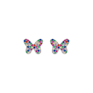 BOUCLES D'OREILLES TIGE ARGENT RHODIÉ PAPILLON OXYDES MULTI COULEURS SERTIS