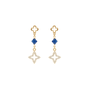 BOUCLES D'OREILLES TIGE ARGENT DORÉ ETOILE RÉSINE BLEU ET ETOILE OXYDES BLANCS SERTIS