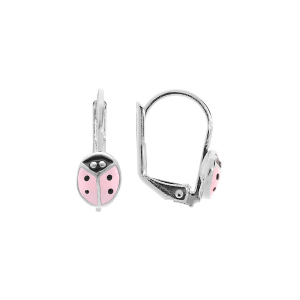 BOUCLES D'OREILLES ARGENT RHODIÉ DORMEUSE COCCINELLE RÉSINE ROSE