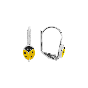 BOUCLES D'OREILLES ARGENT RHODIÉ DORMEUSE COCCINELLE RÉSINE JAUNE ET POINT NOIR