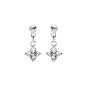BOUCLES D'OREILLES TIGE ARGENT RHODIÉ PENDANTS FLEUR OXYDES BLANC