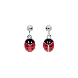 BOUCLES D'OREILLES TIGE ARGENT RHODIÉ PENDANTE COCCINELLE ROUGE