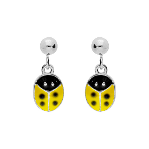 BOUCLES D'OREILLES TIGE ARGENT RHODIÉ PENDANTE COCCINELLE JAUNE