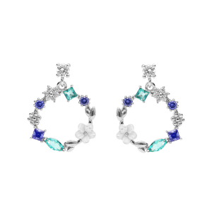 BOUCLES D'OREILLES TIGE ARGENT RHODIÉ ROND JARDIN FLEURI OXYDES NUANCE BLEU ET FLEUR NACRE