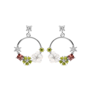 BOUCLES D'OREILLES TIGE ARGENT RHODIÉ JARDIN FLEURI OXYDES MULTI ET FLEUR NACRE