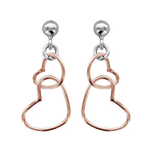 BOUCLES D'OREILLES TIGE ARGENT RHODIÉ MOTIF DOUBLE COEURS DORURE ROSE