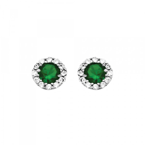 BOUCLES D'OREILLES TIGE ARGENT RHODIÉ PIERRE CENTRALE VERTE SYNTHETIQUE AVEC CONTOUR OXYDES BLANCS
