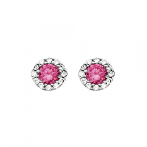 BOUCLES D'OREILLES TIGE ARGENT RHODIÉ PIERRE CENTRALE ROSE FONCE SYNTHETIQUE AVEC CONTOUR OXYDES BLANCS