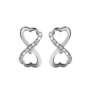 BOUCLES D'OREILLES TIGE ARGENT RHODIÉ DOUBLE COEURS STYLE INFINI PIERRES BLANCHES SYNTHETIQUE