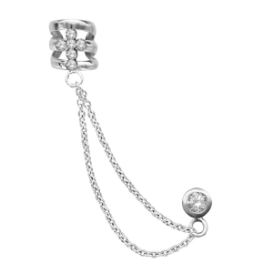 BOUCLES D'OREILLES DE LOBE ARGENT RHODIÉ OXYDE BLANC SERTI DOUBLE CHAINE CROIX AVEC OXYDES BLANCS SERTIS (A L'UNITE)