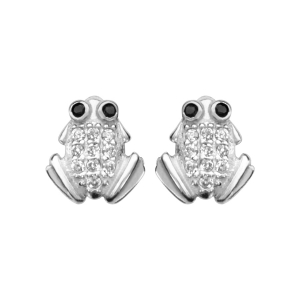 BOUCLES D'OREILLES TIGE ARGENT RHODIÉ GRENOUILLE OXYDES BLANCS YEUX NOIRS