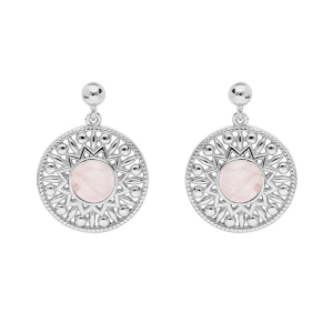 BOUCLES D'OREILLES TIGE ARGENT RHODIÉ PENDANTE ETHNIQUE CABOCHON QUARTZ ROSE VÉRITABLE