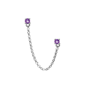 BOUCLES D'OREILLES TIGE ARGENT RHODIÉ DOUBLE AVEC CHAINETTE 2  OXYDES VIOLET SERTIS (2 TROUS)