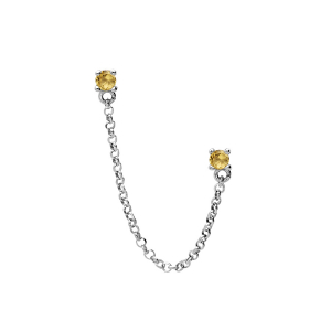 BOUCLES D'OREILLES TIGE ARGENT RHODIÉ DOUBLE AVEC CHAINETTE 2 OXYDES JAUNE SERTIS (2 TROUS)