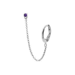 BOUCLES D'OREILLES TIGE ARGENT RHODIÉ 1 OXYDE VIOLET SERTI CHAINETTE ET CREOLE SUR LOBE (2 TROUS)