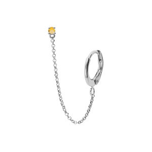 BOUCLES D'OREILLES TIGE ARGENT RHODIÉ 1 OXYDE JAUNE SERTI CHAINETTE ET CREOLE SUR LOBE (2 TROUS)