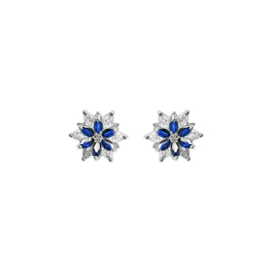 BOUCLES D'OREILLES TIGE ARGENT RHODIÉ 10MM FLEUR OXYDES BLANCS AU CENTRE ET CONTOUR OXYDES BLEUS SERTIS