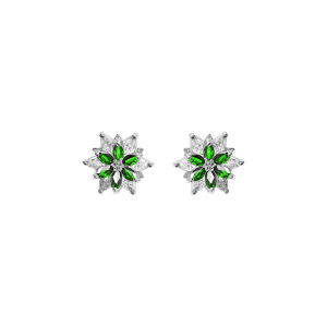 BOUCLES D'OREILLES TIGE ARGENT RHODIÉ 10MM FLEUR OXYDES BLANCS AU CENTRE ET CONTOUR OXYDES VERT SERTIS