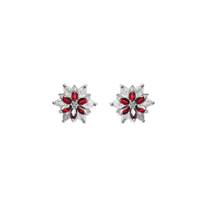 BOUCLES D'OREILLES TIGE ARGENT RHODIÉ 10MM FLEUR OXYDES BLANCS AU CENTRE ET CONTOUR OXYDES ROUGES SERTIS