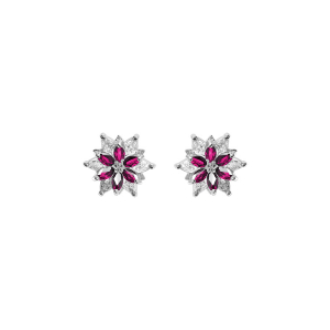 BOUCLES D'OREILLES TIGE ARGENT RHODIÉ 10MM FLEUR OXYDES BLANCS AU CENTRE ET CONTOUR OXYDES FUSHIA  SERTIS