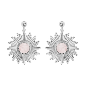 BOUCLES D'OREILLES TIGE ARGENT RHODIÉ PENDANTE CABOCHON QUARTZ ROSE VÉRITABLE