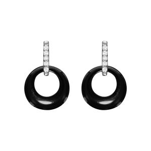BOUCLES D'OREILLES TIGE ARGENT RHODIÉ CERCLE CERAMIQUE NOIRE BARETTE OXYDES SERTIS