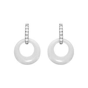 BOUCLES D'OREILLES TIGE ARGENT RHODIÉ CERCLE CERAMIQUE BLANCHE BARETTE OXYDES SERTIS