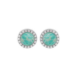 BOUCLES D'OREILLES TIGE ARGENT RHODIÉ CABOCHON CONTOUR OXYDES BLANCS SERTIS PIERRE AMAZONITE NATURELLE