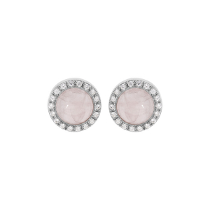 BOUCLES D'OREILLES TIGE ARGENT RHODIÉ CABOCHON CONTOUR OXYDES BLANCS SERTIS PIERRE QUARTZ ROSE NATURELLE