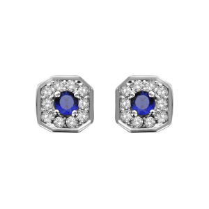 BOUCLES D'OREILLES TIGE ARGENT RHODIÉ PENDENTIF CARRÉ OXYDES SERTIS BLANCS PIERRE CENTRALE SYNTHETIQUE BLEU