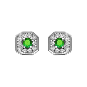 BOUCLES D'OREILLES TIGE ARGENT RHODIÉ PENDENTIF CARRÉ OXYDES SERTIS BLANCS PIERRE CENTRALE SYNTHETIQUE VERTE