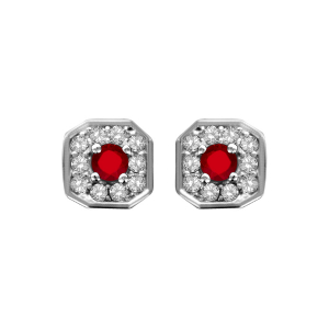 BOUCLES D'OREILLES TIGE ARGENT RHODIÉ PENDENTIF CARRÉ OXYDES SERTIS BLANCS PIERRE CENTRALE SYNTHETIQUE ROUGE