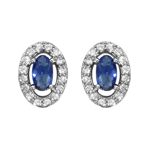 BOUCLES D'OREILLES TIGE ARGENT RHODIÉ FORME OVALE VERRE BLEU FONCE ENTOURAGE OXYDES BLANCS SERTIS