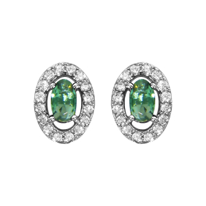 BOUCLES D'OREILLES TIGE ARGENT RHODIÉ FORME OVALE VERRE VERT ENTOURAGE OXYDES BLANCS SERTIS