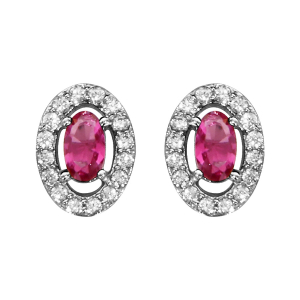 BOUCLES D'OREILLES TIGE ARGENT RHODIÉ FORME OVALE VERRE FUSHIA ENTOURAGE OXYDES BLANCS SERTIS