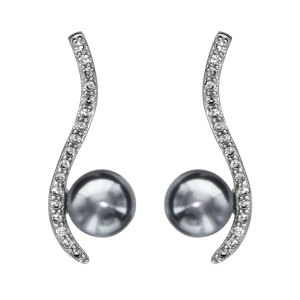 BOUCLES D'OREILLES TIGE ARGENT RHODIÉ FORME VAGUE OXYDES BLANCS SERTIS AVEC PERLE SYNTHETIQUE  GRISE