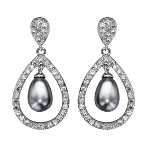 BOUCLES D'OREILLES TIGE ARGENT RHODIÉ FORME GOUTTE EVIDEE AVEC PERLE IMITATION GRISE