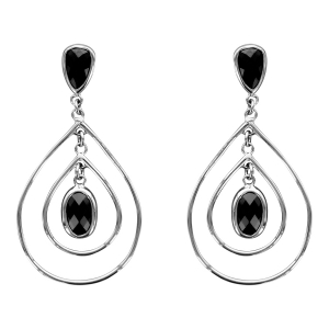 BOUCLES D'OREILLES TIGE ARGENT RHODIÉ FORME 2 GOUTTES OXYDE NOIR FACETTE