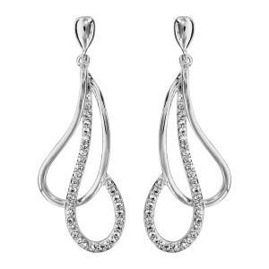 BOUCLES D'OREILLES TIGE ARGENT RHODIÉ GOUTTE EVIDEE CROISEE OXYDES BLANCS SERTIS