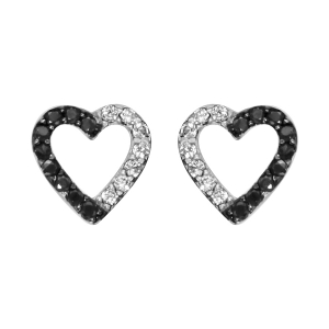 BOUCLES D'OREILLES TIGE ARGENT RHODIÉ FORME COEUR EVIDEE MOITIE OXYDES BLANCS SERTIS ET PIERRES NOIRES SYNTHETIQUE RHODIUM NOIR