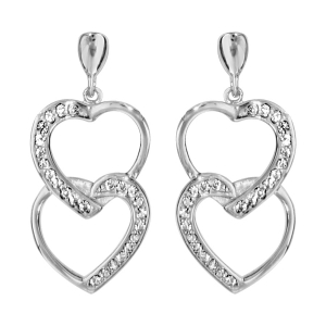 BOUCLES D'OREILLES TIGE ARGENT RHODIÉ DOUBLE COEUR SUPERPOSE OXYDES BLANCS SERTIS